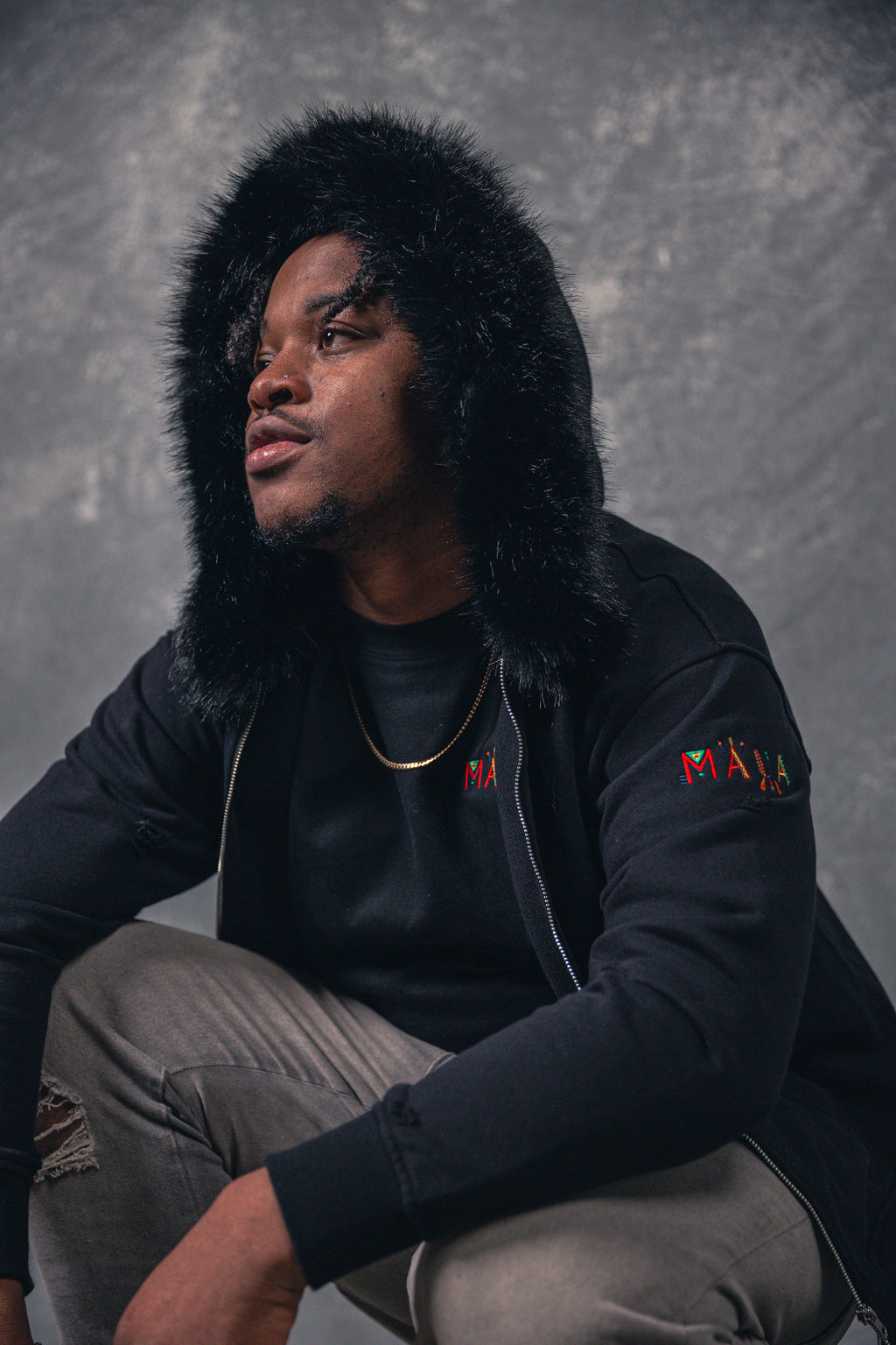 Black Detachable Fur collar Terry Hoodie
