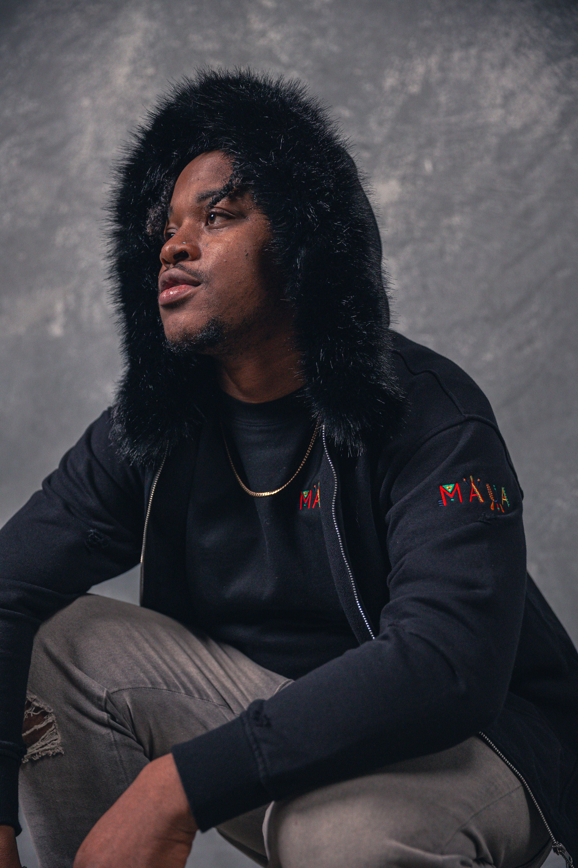 Black Detachable Fur collar Terry Hoodie