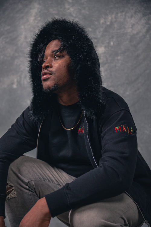 Black Detachable Fur collar Terry Hoodie