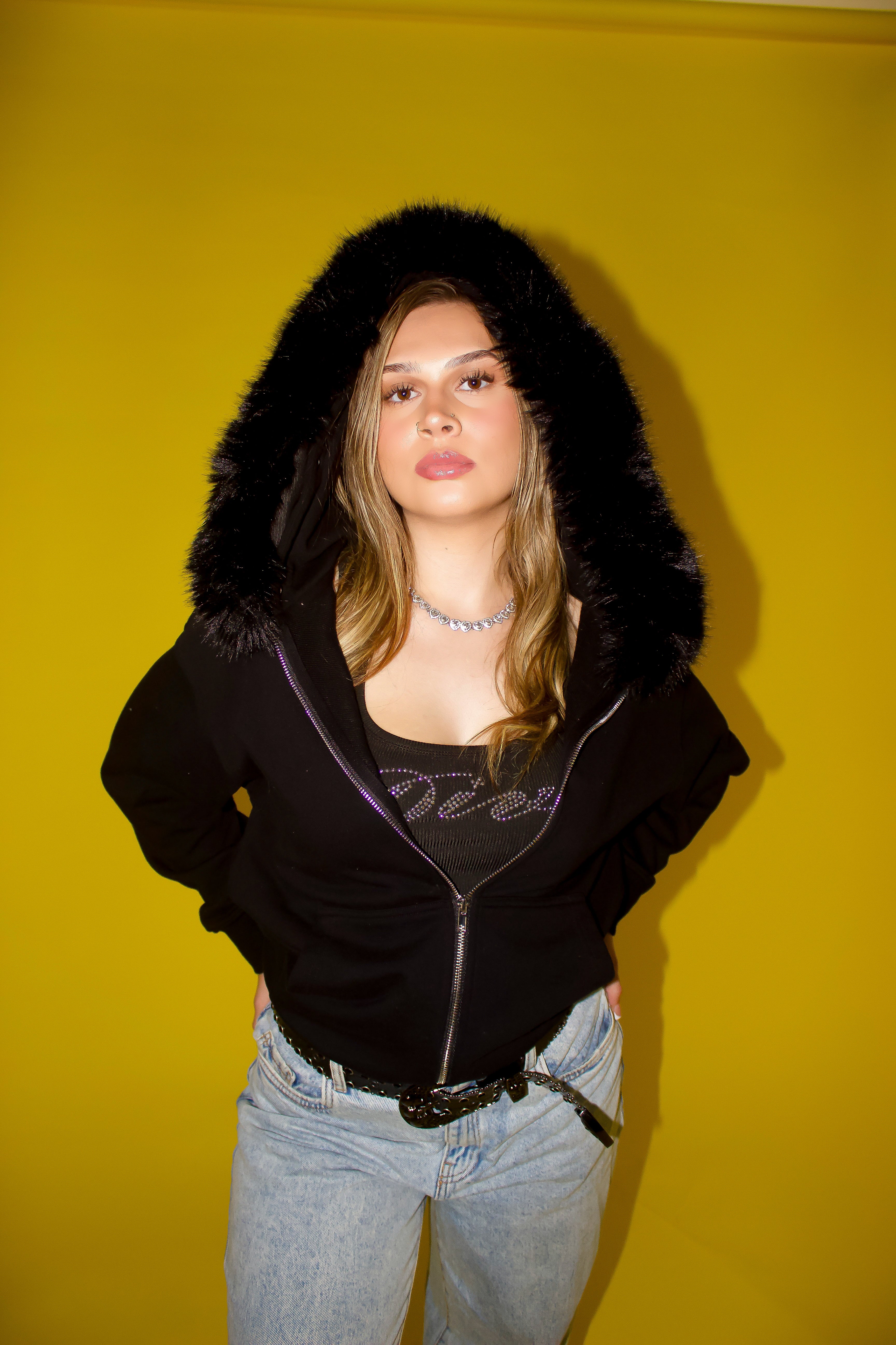 Black Detachable Fur collar Terry Hoodie